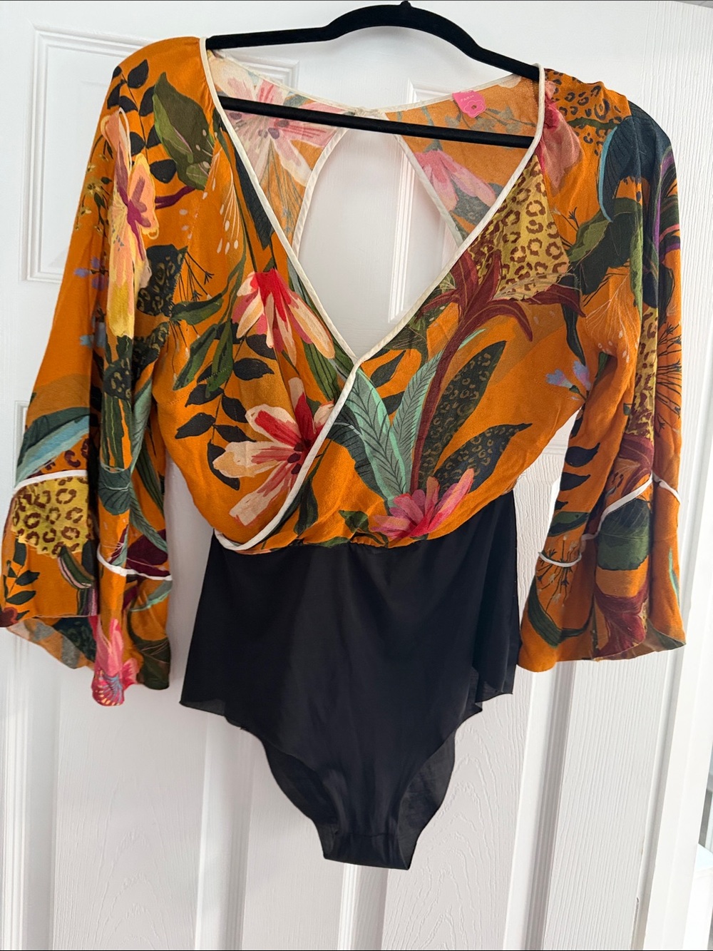 Farm Rio Floral Wrap-Style Bodysuit with Bell Sleeves